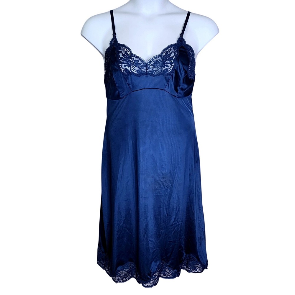 Wonder Maid Full Slip Women 36 Navy Blue Lace Trim Vintage Lingerie 2996A USA